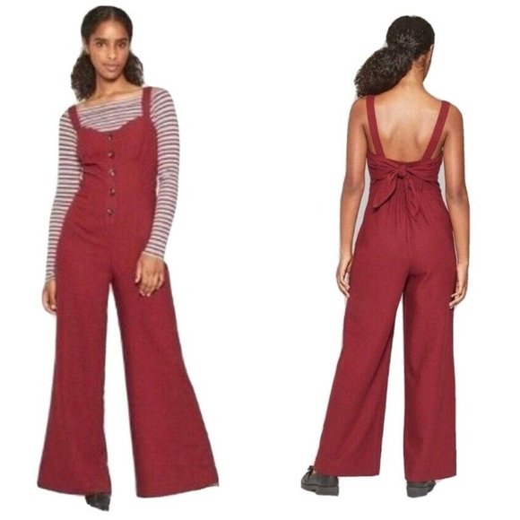 Wild Fable Wide Leg Burgundy Jumpsuit‎ Button Front Tie Back Boho Women Medium - Picture 1 of 9